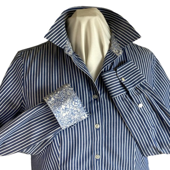 Talbots Blue Stripe Long Slv Fitted Shirt Sz6 Floral Flip Cuff Wrinkle Resistant - Picture 1 of 12
